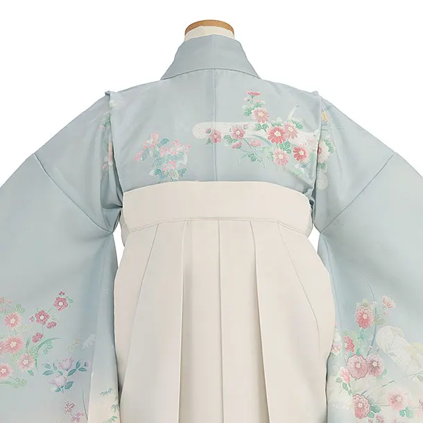 小学生卒業式かんたん袴（女の子）A148 ブルーグレー 四季花／オフホワイト袴