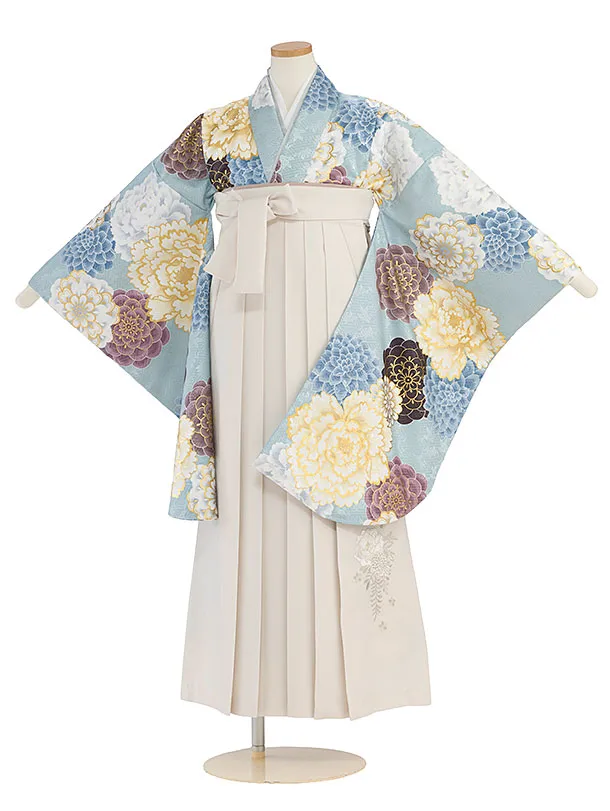 小学生卒業式かんたん袴（女の子）A149 ベビーブルー 牡丹菊／オフホワイト袴