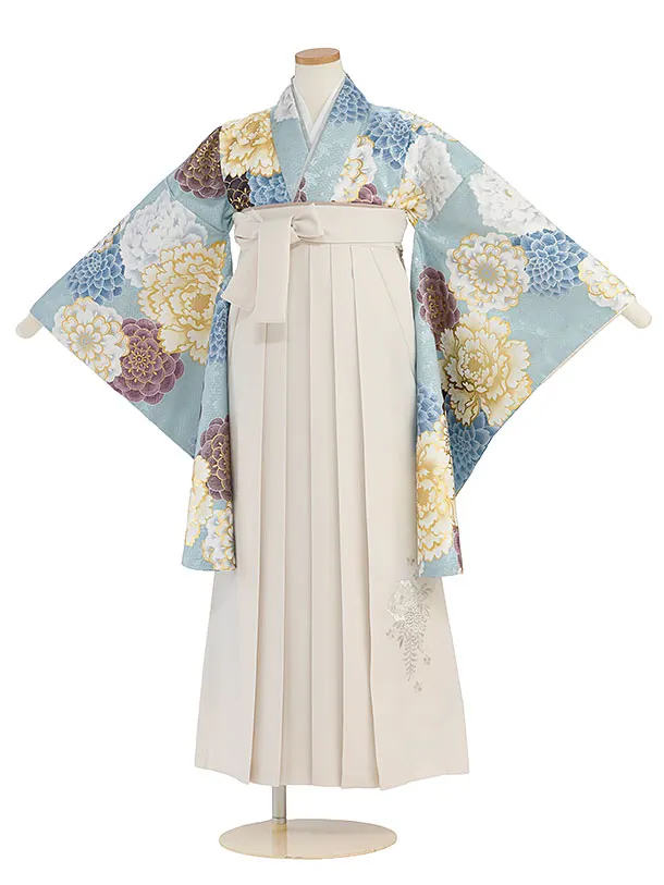 小学生卒業式かんたん袴（女の子）A149 ベビーブルー 牡丹菊／オフホワイト袴