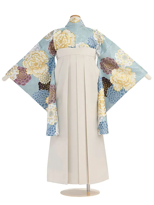 小学生卒業式かんたん袴（女の子）A149 ベビーブルー 牡丹菊／オフホワイト袴
