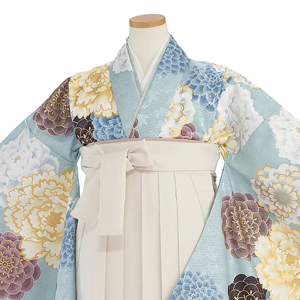 小学生卒業式かんたん袴（女の子）A149 ベビーブルー 牡丹菊／オフホワイト袴