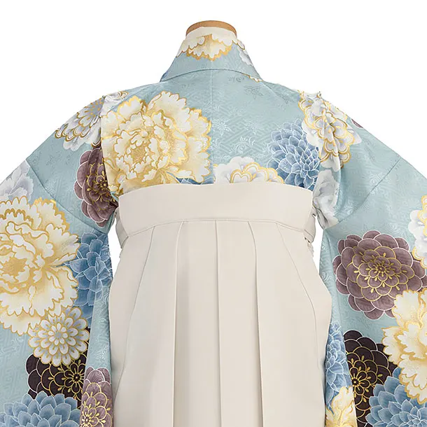 小学生卒業式かんたん袴（女の子）A149 ベビーブルー 牡丹菊／オフホワイト袴