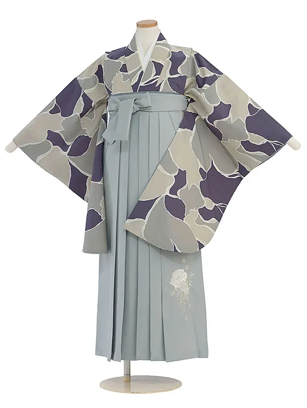 小学生卒業式かんたん袴（女の子）A150 青紫ベージュグレー 猫／ブルーグレー袴