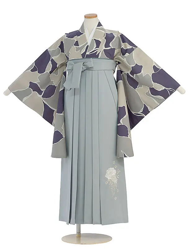 小学生卒業式かんたん袴（女の子）A150 青紫ベージュグレー 猫／ブルーグレー袴