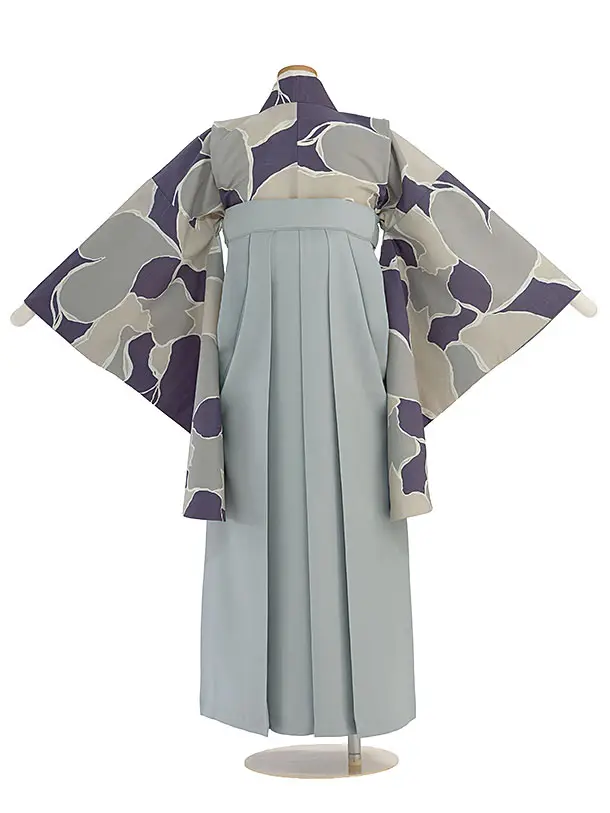小学生卒業式かんたん袴（女の子）A150 青紫ベージュグレー 猫／ブルーグレー袴