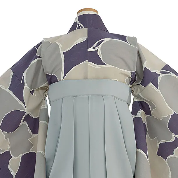 小学生卒業式かんたん袴（女の子）A150 青紫ベージュグレー 猫／ブルーグレー袴
