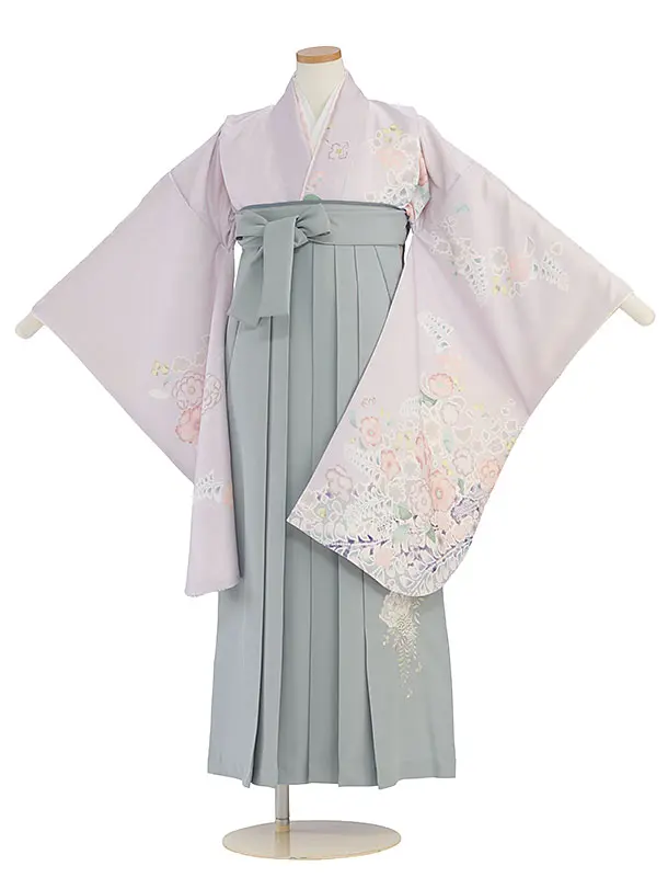 小学生卒業式かんたん袴（女の子）A151 淡パープル 辻が花風 ／ブルーグレー袴