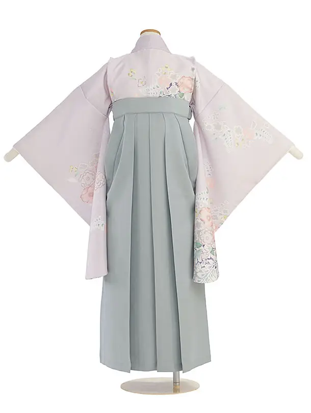 小学生卒業式かんたん袴（女の子）A151 淡パープル 辻が花風 ／ブルーグレー袴