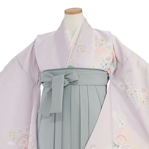 小学生卒業式かんたん袴（女の子）A151 淡パープル 辻が花風 ／ブルーグレー袴