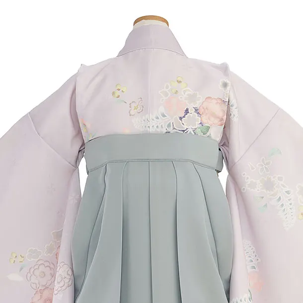 小学生卒業式かんたん袴（女の子）A151 淡パープル 辻が花風 ／ブルーグレー袴