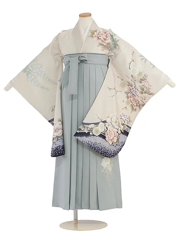 小学生卒業式かんたん袴（女の子）A152 ベージュ 鹿の子梅牡丹／ブルーグレー袴