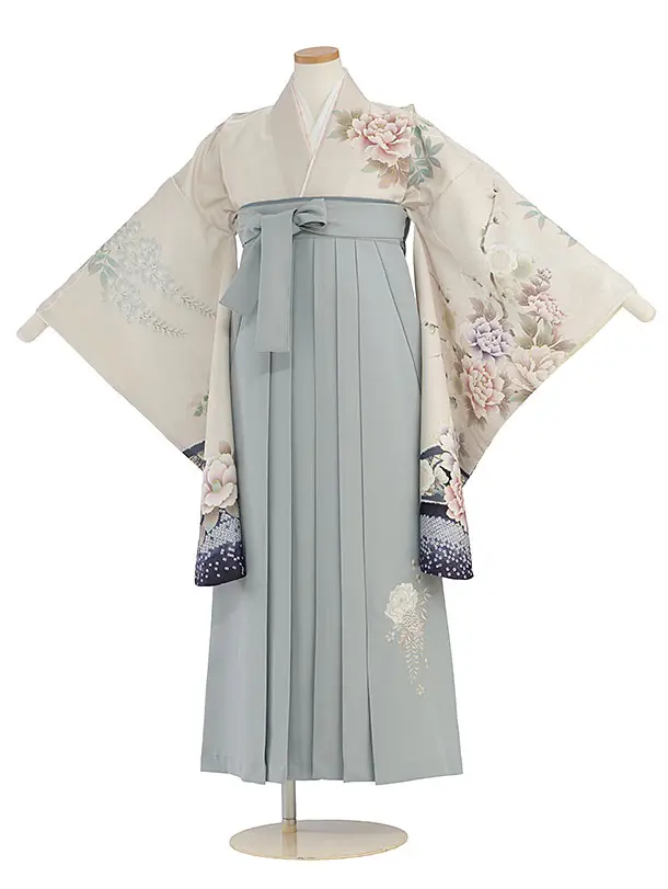 小学生卒業式かんたん袴（女の子）A152 ベージュ 鹿の子梅牡丹／ブルーグレー袴