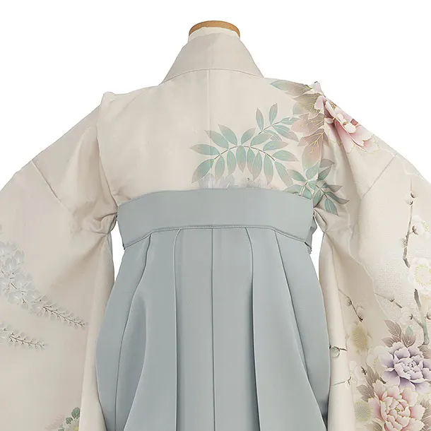 小学生卒業式かんたん袴（女の子）A152 ベージュ 鹿の子梅牡丹／ブルーグレー袴