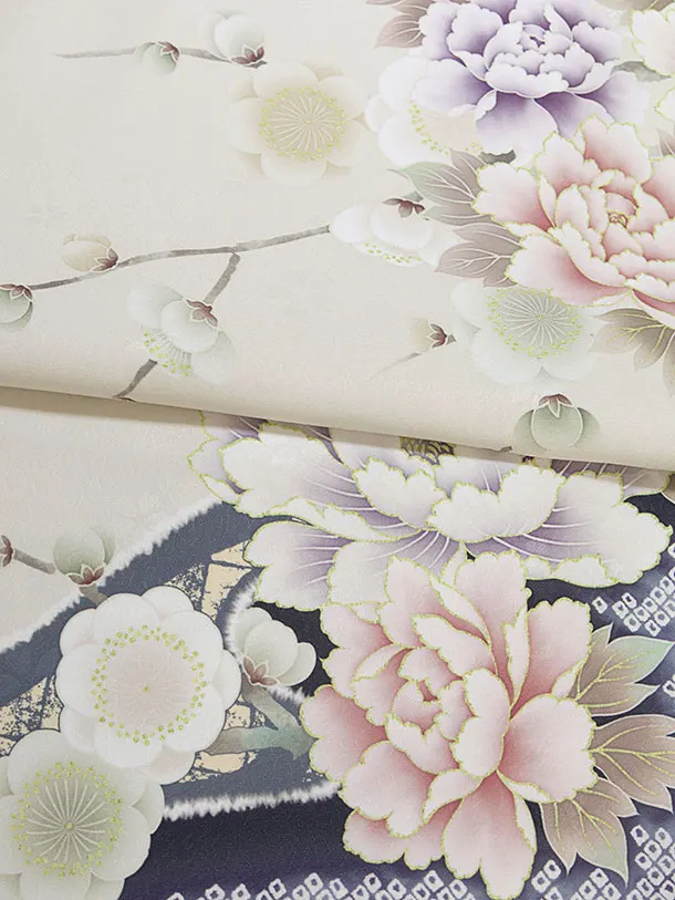 小学生卒業式かんたん袴（女の子）A152 ベージュ 鹿の子梅牡丹／ブルーグレー袴