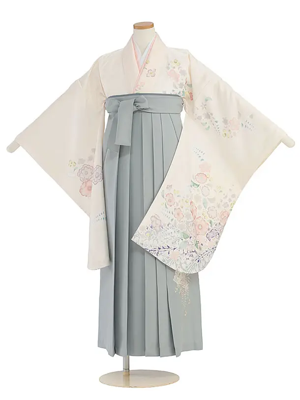 小学生卒業式かんたん袴（女の子）A153 クリーム 辻が花風／ブルーグレー袴