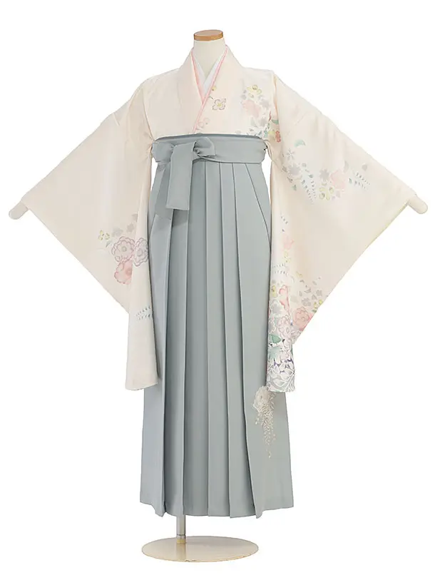 小学生卒業式かんたん袴（女の子）A153 クリーム 辻が花風／ブルーグレー袴