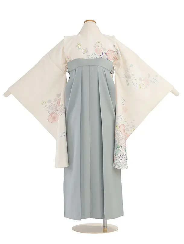 小学生卒業式かんたん袴（女の子）A153 クリーム 辻が花風／ブルーグレー袴