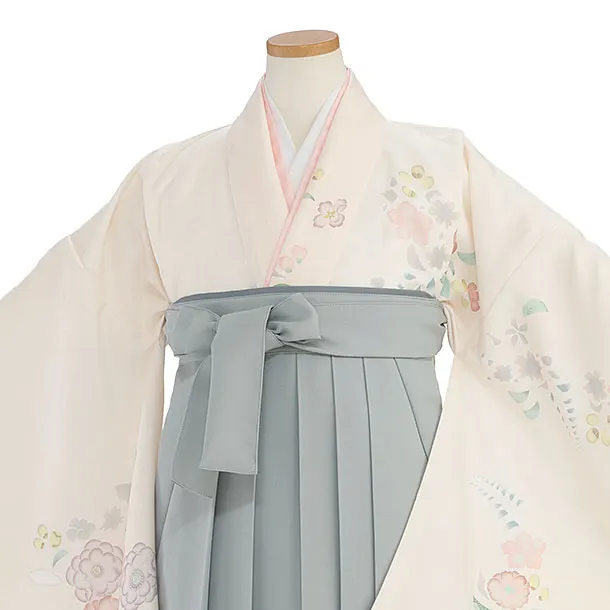 小学生卒業式かんたん袴（女の子）A153 クリーム 辻が花風／ブルーグレー袴