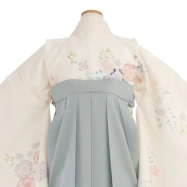 小学生卒業式かんたん袴（女の子）A153 クリーム 辻が花風／ブルーグレー袴