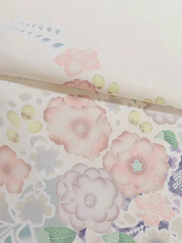 小学生卒業式かんたん袴（女の子）A153 クリーム 辻が花風／ブルーグレー袴