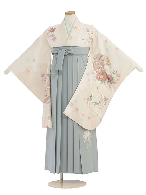 小学生卒業式かんたん袴（女の子）A154 クリーム 花雪輪／ブルーグレー袴