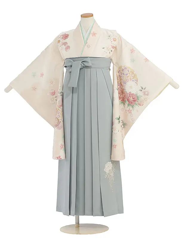小学生卒業式かんたん袴（女の子）A154 クリーム 花雪輪／ブルーグレー袴