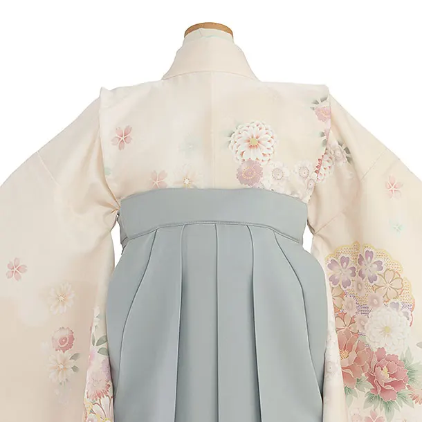 小学生卒業式かんたん袴（女の子）A154 クリーム 花雪輪／ブルーグレー袴