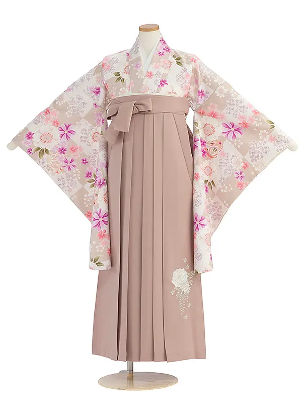 小学生卒業式かんたん袴（女の子）A155 ベージュ 桜市松／ピンクベージュ袴
