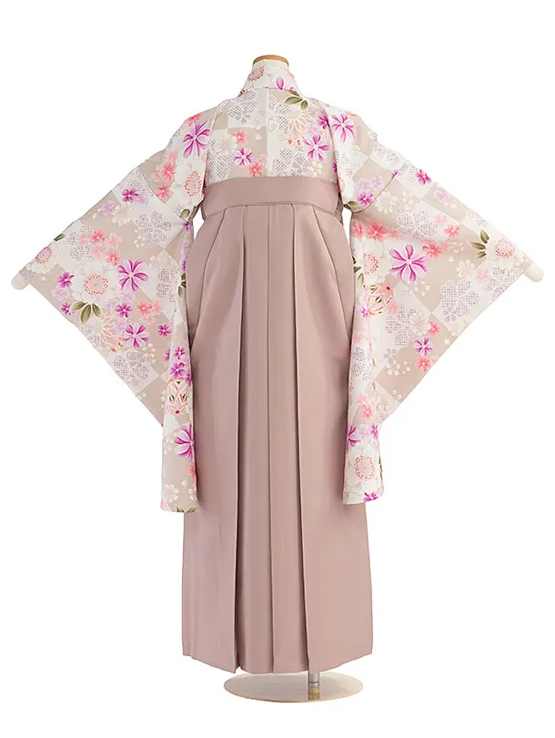 小学生卒業式かんたん袴（女の子）A155 ベージュ 桜市松／ピンクベージュ袴