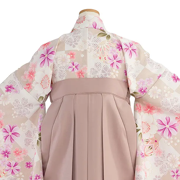小学生卒業式かんたん袴（女の子）A155 ベージュ 桜市松／ピンクベージュ袴