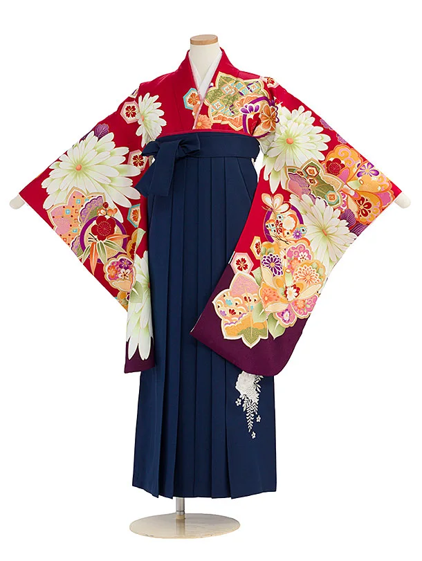 小学生卒業式かんたん袴（女の子）A156 赤 椿楓／紺袴