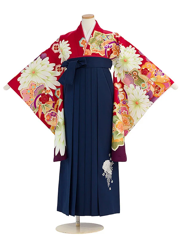 小学生卒業式かんたん袴（女の子）A156 赤 椿楓／紺袴