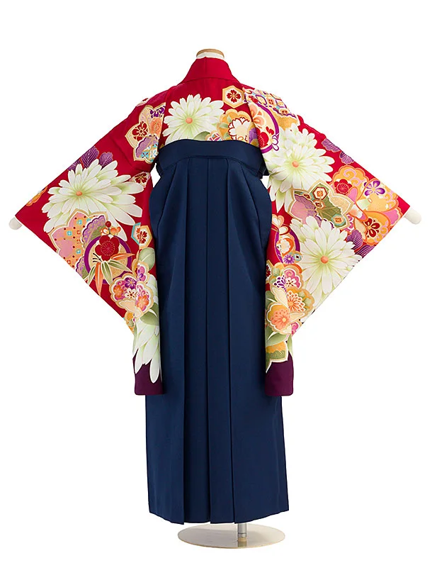 小学生卒業式かんたん袴（女の子）A156 赤 椿楓／紺袴