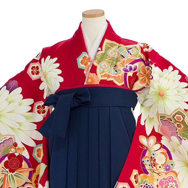 小学生卒業式かんたん袴（女の子）A156 赤 椿楓／紺袴
