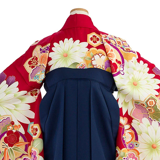 小学生卒業式かんたん袴（女の子）A156 赤 椿楓／紺袴