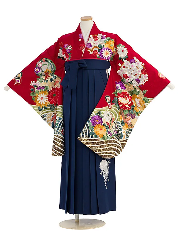 小学生卒業式かんたん袴（女の子）A157 赤 花波／紺袴