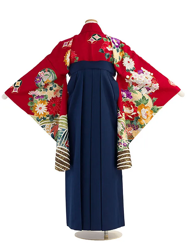 小学生卒業式かんたん袴（女の子）A157 赤 花波／紺袴