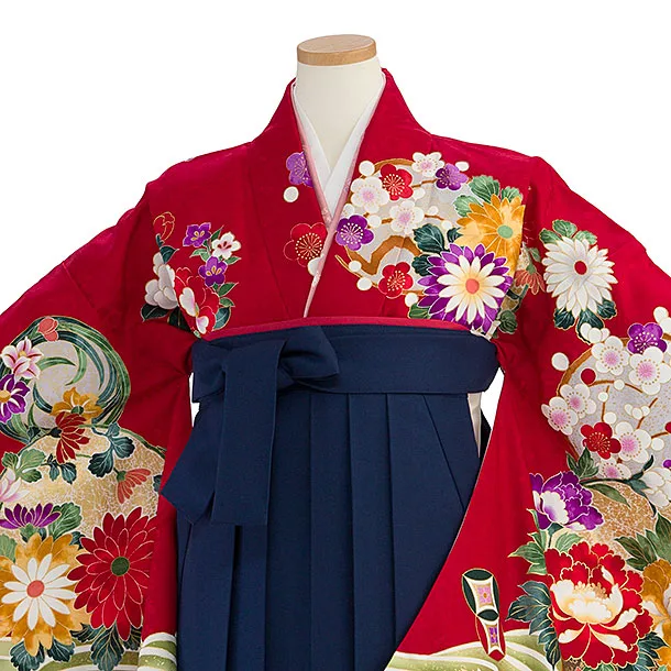 小学生卒業式かんたん袴（女の子）A157 赤 花波／紺袴