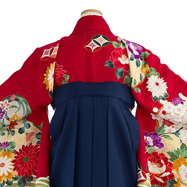 小学生卒業式かんたん袴（女の子）A157 赤 花波／紺袴