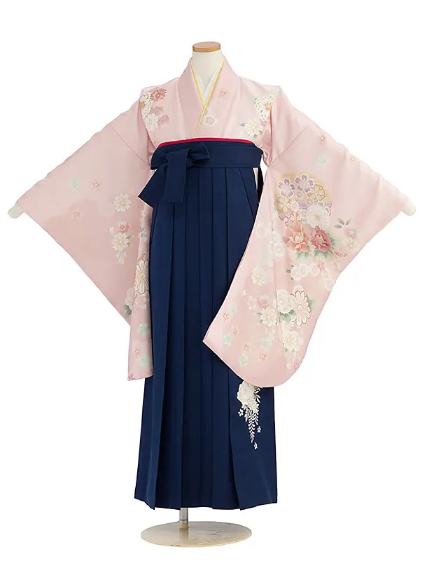 小学生卒業式かんたん袴（女の子）A158 ピンク 華雪輪／紺袴