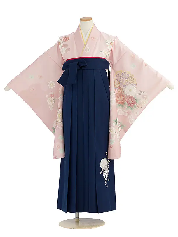 小学生卒業式かんたん袴（女の子）A158 ピンク 華雪輪／紺袴