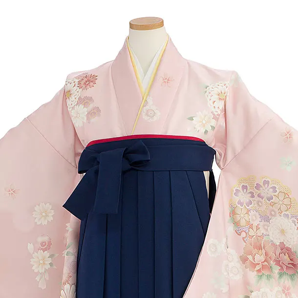 小学生卒業式かんたん袴（女の子）A158 ピンク 華雪輪／紺袴