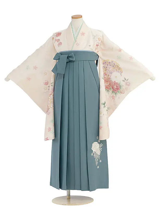 小学生卒業式かんたん袴（女の子）A159 クリーム 華雪輪／藍鼠色袴