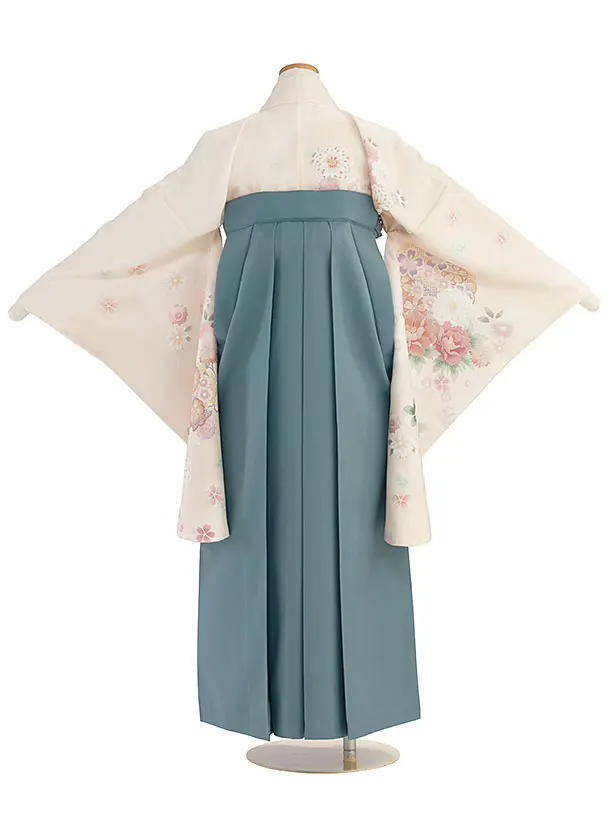 小学生卒業式かんたん袴（女の子）A159 クリーム 華雪輪／藍鼠色袴