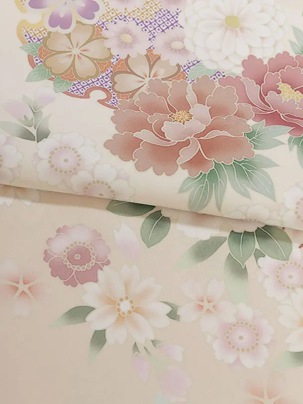 小学生卒業式かんたん袴（女の子）A159 クリーム 華雪輪／藍鼠色袴