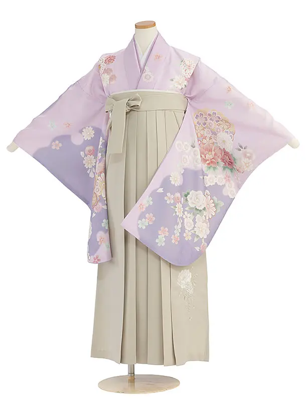 小学生卒業式かんたん袴（女の子）A160 パープル 華雪輪／ベージュ袴