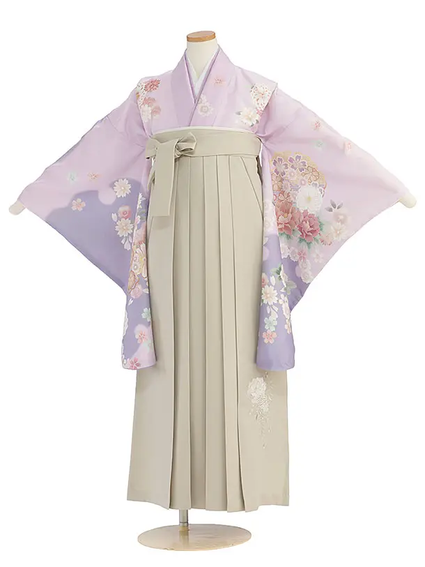小学生卒業式かんたん袴（女の子）A160 パープル 華雪輪／ベージュ袴