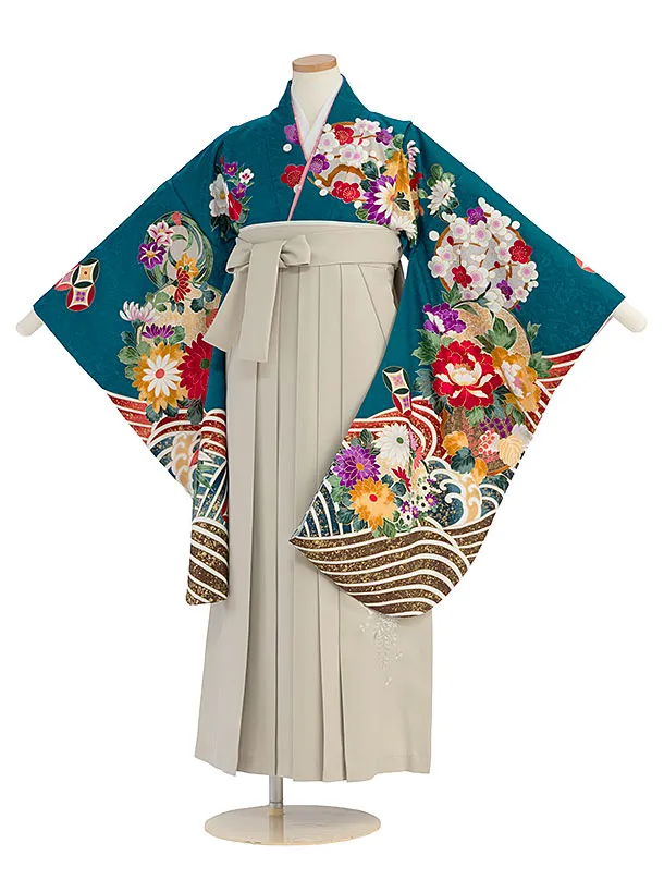 小学生卒業式かんたん袴（女の子）A161 青緑 花波／ベージュ袴