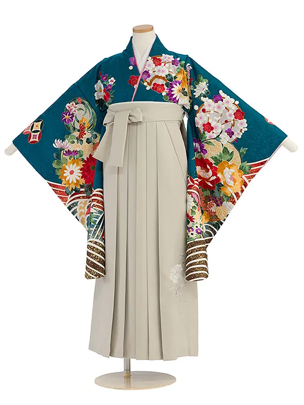 小学生卒業式かんたん袴（女の子）A161 青緑 花波／ベージュ袴