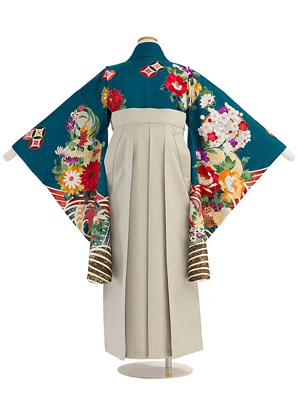 小学生卒業式かんたん袴（女の子）A161 青緑 花波／ベージュ袴